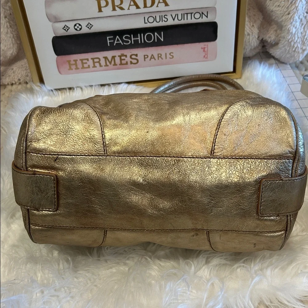 Francesco Biasia Gold Metallic Leather Satchel Shoulder Bag Structured handbag